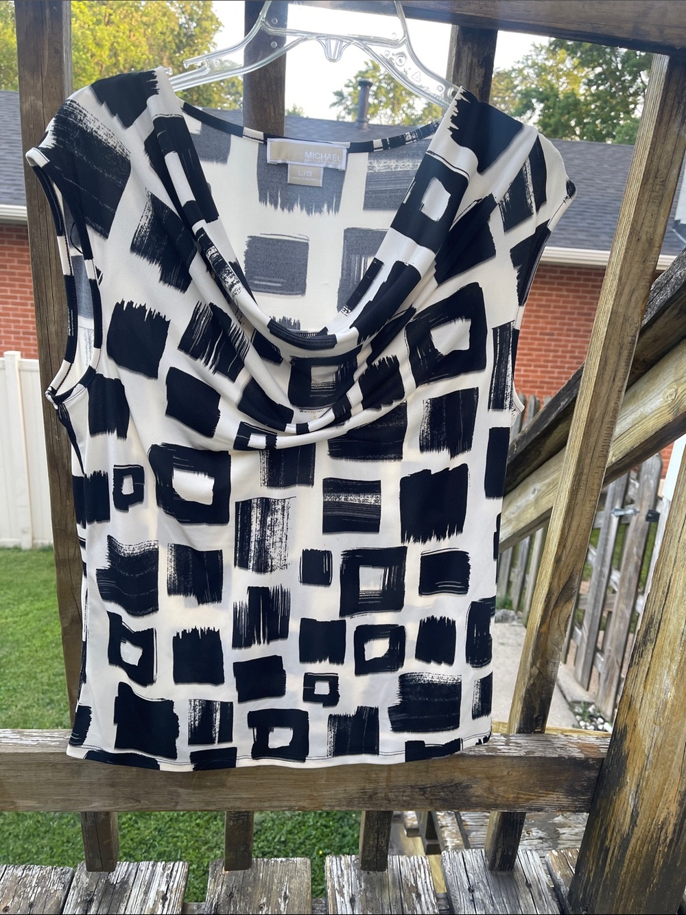 Michael Kors Black & White Geometric Cowl Neck Sleeveless Top